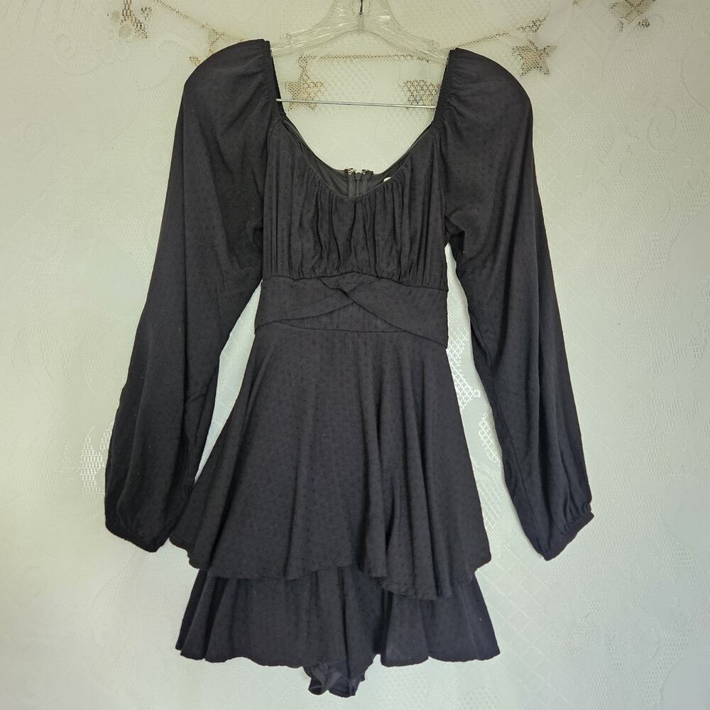 Altard State Medium Black Swiss Dot Crossover Layered Romper Coquette Whimsigoth